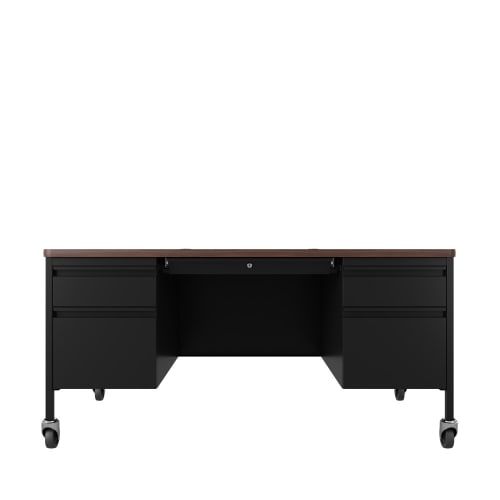Hirsh 30x60 Mobile Double Pedestal File Desk with Rounded Corner T-Mold Top for Schools, Black / Wal